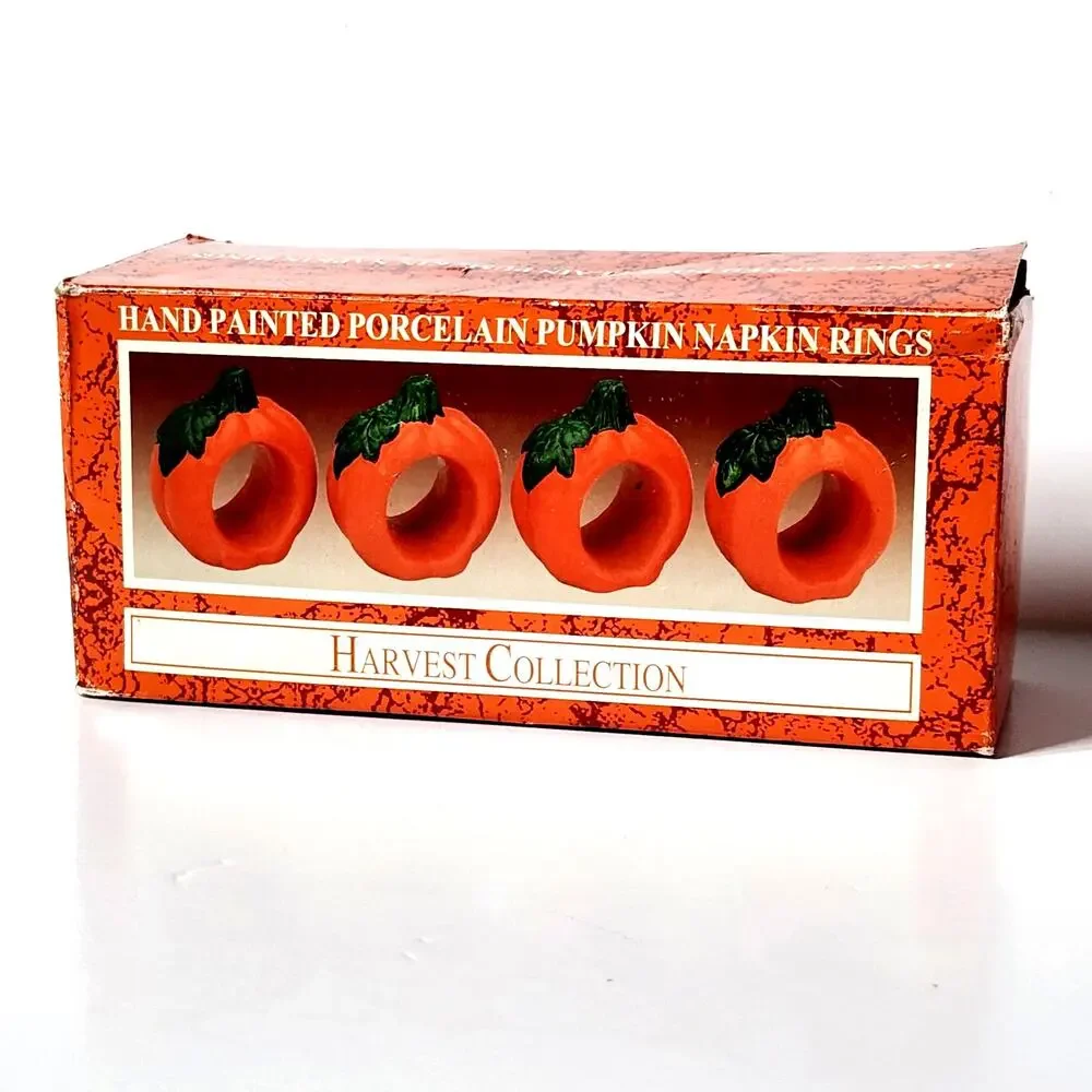 Vintage 1990s Hand-Painted Pumpkin Napkin Rings (Set of 4) w/ Box
